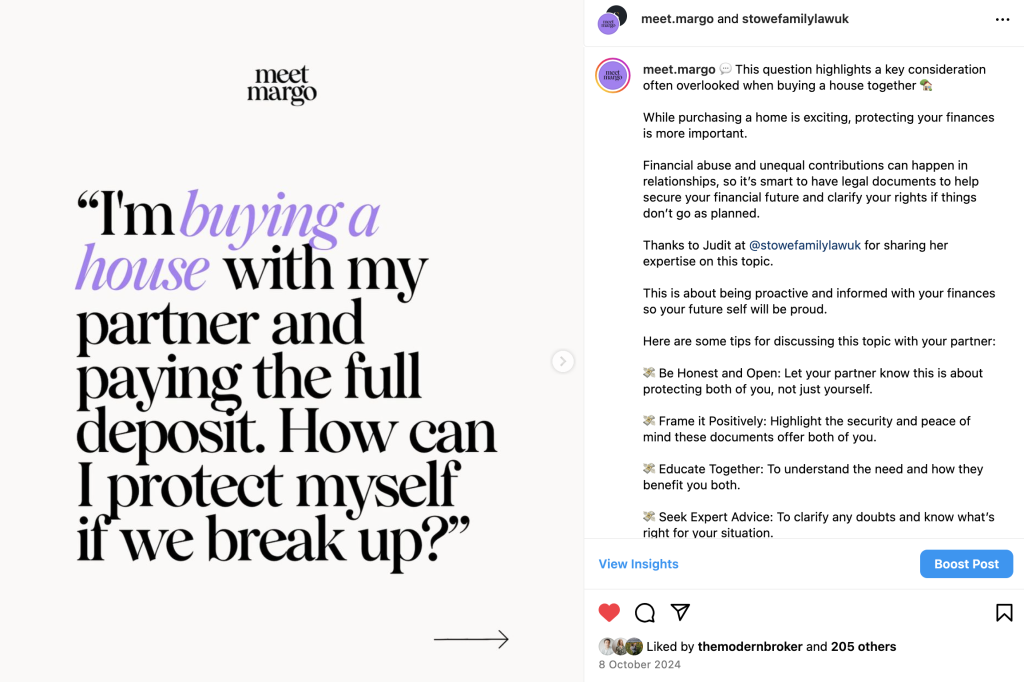 Instagram post with Meet Margo and Stowe Family Law on how to protect your home if you break up